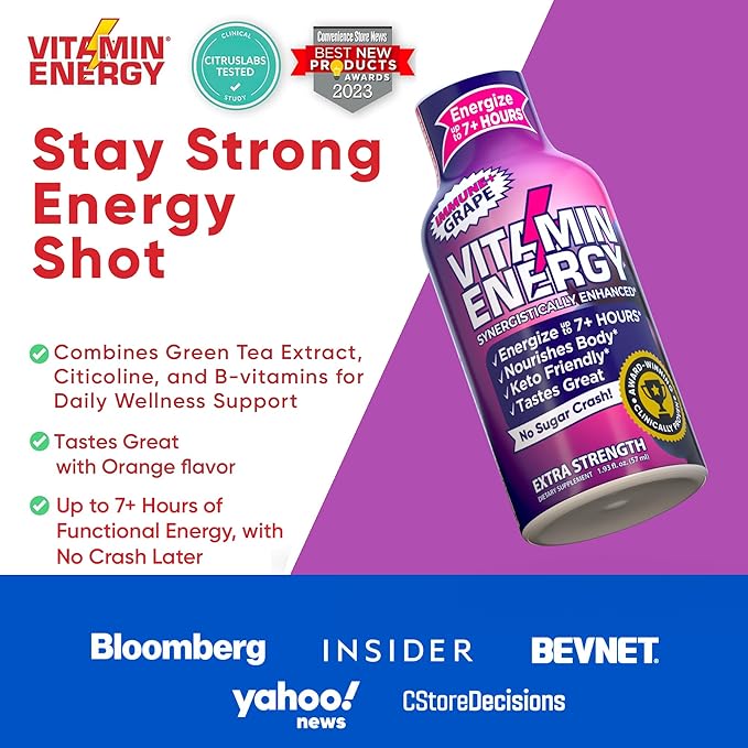 Vitamin Energy Immune+ Extra Strength Energy Shot Grape 24 Pack, 260mg Natural Caffeine, B-Vitamins, Citicoline, Green Tea, Immunity & Focus Support, Zero Sugar, Gluten-Free 1.93 fl oz