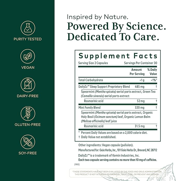 Gaia Herbs Pro Somni-Mint Rosmarinic Complex - Sleep Health & Relaxation Support Supplement* - Restful Sleep Support* with Spearmint, Green Tea & Lemon Balm - 60 Capsules (30 Servings)