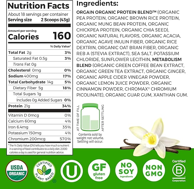 Orgain Organic Protein + Metabolism Blend Powder, Vanilla Bean - 21g Plant Protein, 5g Prebiotic Fiber, No Lactose Ingredients, Low Sugar, Non-GMO, for Shakes & Smoothies, 1.71 lb