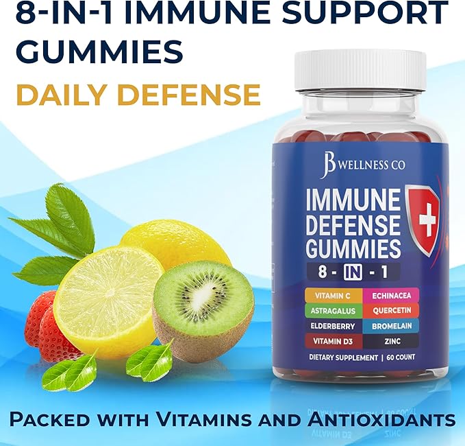 JB Wellness Co 8 in 1 Immune Defense Booster Supplement Gummies with Astragalus Root, Vitamin C and Zinc, Vitamin D3, Elderberry and Quercetin (2 Pack)