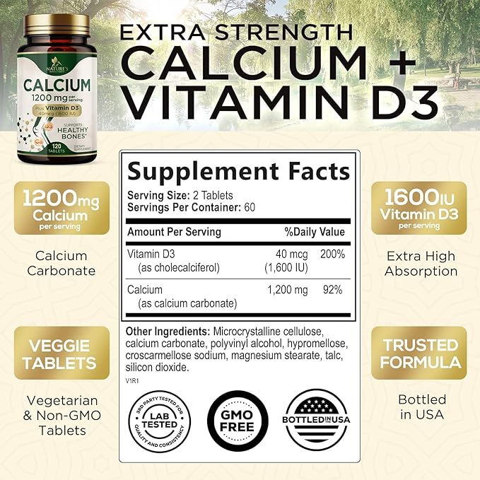 Calcium 1200 mg with Vitamin D3 Per Serving - Bone Health Supplement, Vitamin D & Calcium Supplements for Women & Men - Bone, Teeth & Immune Support, Nature's Calcium Pills, USA Bottled - 120 Tablets