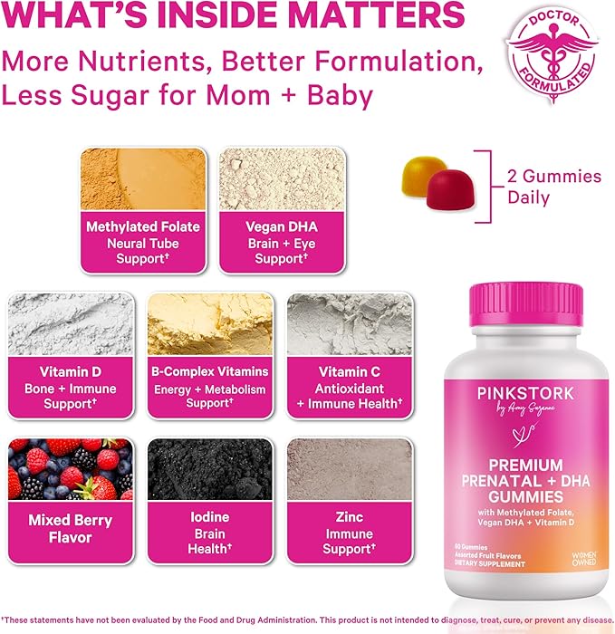 Pink Stork Premium Prenatal Gummy Vitamins with DHA, Folate, and Vitamin D - 60 Vegan Gummies - 2 Pack