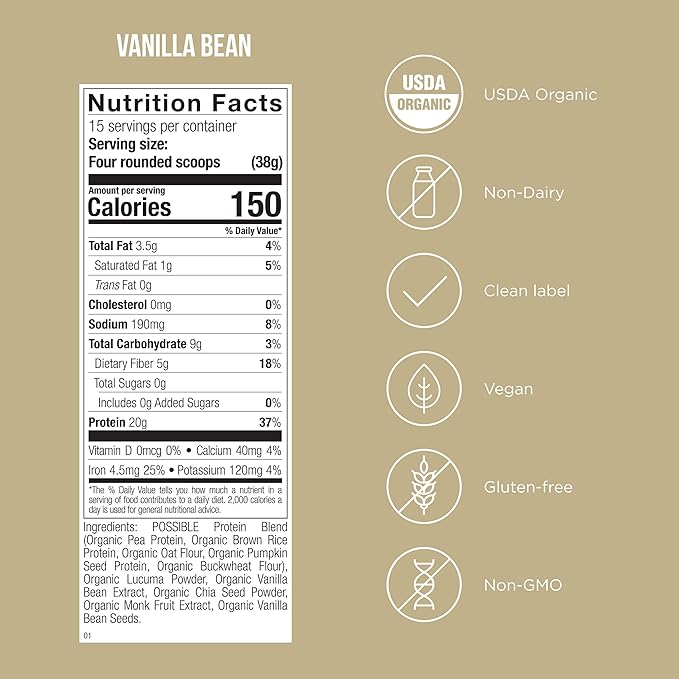 Protein Powder - Muscle Growth & Recovery Support - Plant-Based Protein - Essential Amino Acids & BCAAs - Vegan, Gluten-Free & USDA Organic - Vanilla, 1.25 Pound (Pack of 1)