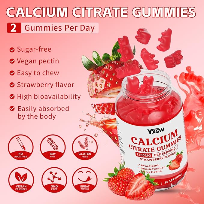 Calcium Citrate Gummies 1200mg, Chewable Calcium Supplement for Women & Men, Sugar Free Calcium for Bone, Muscle & Immune Support, Gluten Free, Vegan, Non-GMO, Strawberry Flavor, 120 Count
