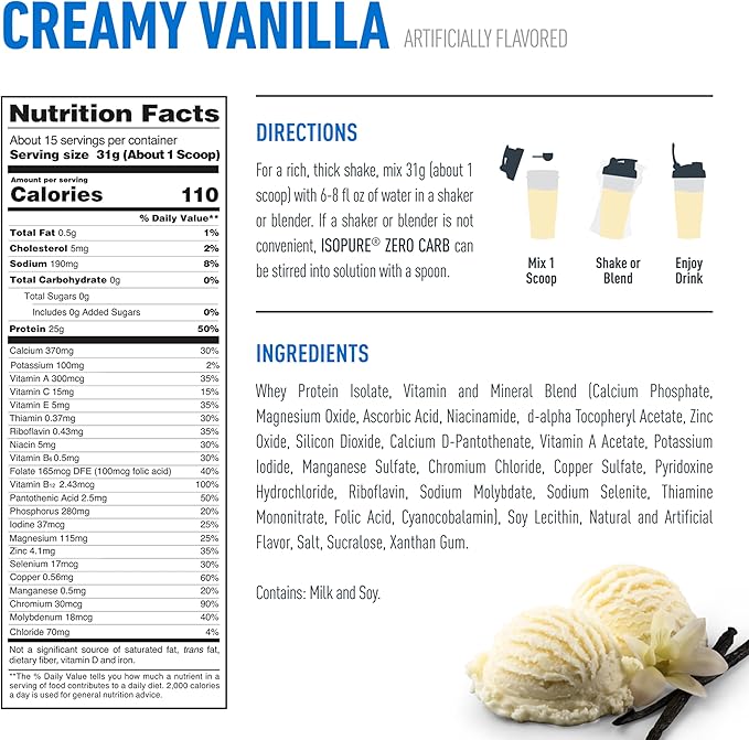 Isopure Zero Carb 100% Pure Whey Isolate Protein Powder, Lactose Free, Gluten Free, with Vitamins, Creamy Vanilla, 25g Protein Per Serving, 1 Lb, 15 Servings (Packaging May Vary)
