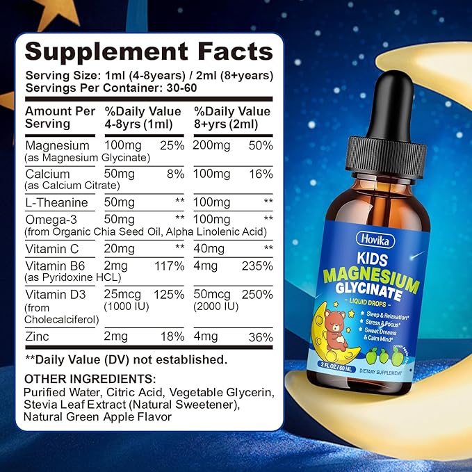 2 Pack Magnesium Liquid for Kids - with L-Theanine Omega-3, Vitamin B6, D3, Zinc - Kids Magnesium Glycinate Drops for Sleep, Relaxation, Calm & Focus - Green Apple Flavor