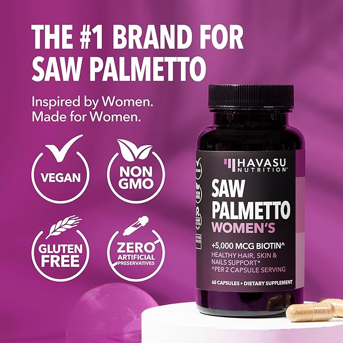 Saw Palmetto for Women with Biotin 5000mcg - Powerful DHT Blocker to Support Hair, Skin, and Nail Health - 60 Count - Vegan, Non-GMO Vitamin for Stronger, Fuller Looking Locks - 1 Month Supply