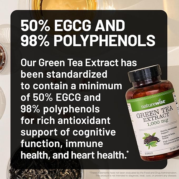 NatureWise Green Tea Extract Capsules 1000 mg - 50% EGCG & 98% Polyphenols - Extra Strength Green Tea Pills - Antioxidants for Heart Health & Energy - Vegan, Non-GMO - 60 Count[30-Day Supply]