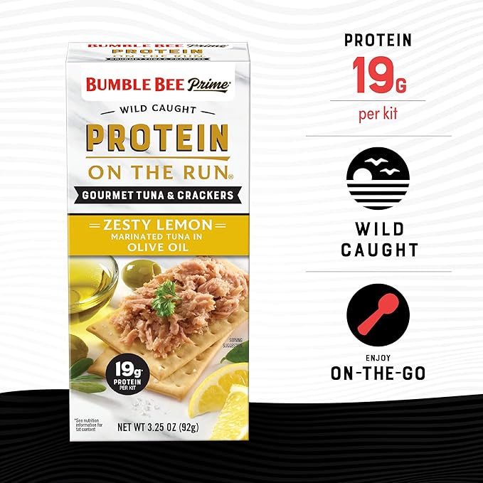 Bumble Bee Prime Protein on the Run Tuna Snack Kit - Gourmet Tuna Marinated in Olive Oil & Zesty Lemon with Crackers and Serving Utensil - 19g of Protein Per Serving, Easy Open Can