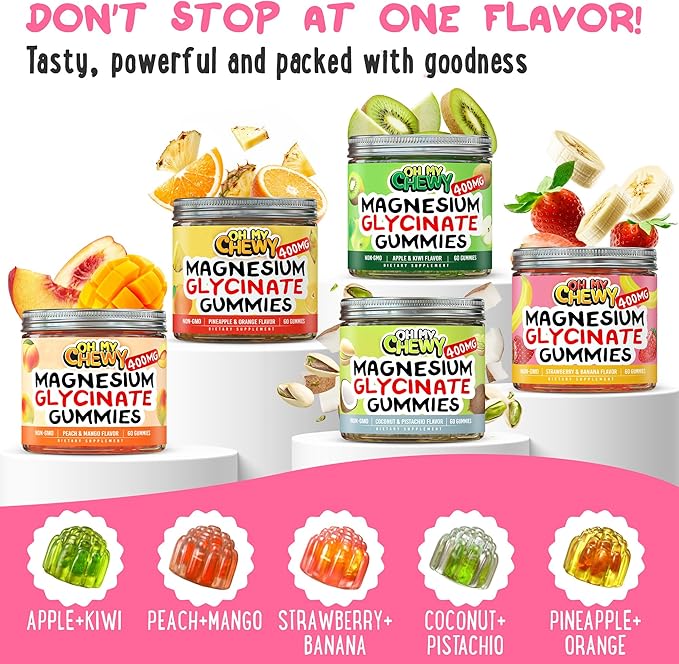 Center-Filled Magnesium Glycinate Gummies 400MG - High Absorption for Kids, Teens & Adults - Supplement for Sleep, Calm & Muscle Relaxation with B6 & D3 - Gluten Free & Vegan Friendly - 60 Count