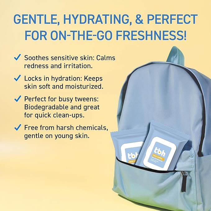 TBH Kids Gentle Face Wipes – Daily Cleansing & Hydrating Wipes for Preteens & Teens – Soothing Chamomile & Calendula – Sulfate & Paraben-Free – 30 Count