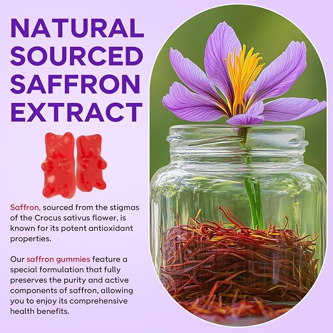 Saffron Gummies for Kids & Adults, 10-in-1 Cortisol Supplement with Saffron 88.5mg, Vitamin D3, B6, Magnesium, Zinc, Ashwagandha, L-Theanine, St. John's Wort, for Emotions, Zzz, 60 Count