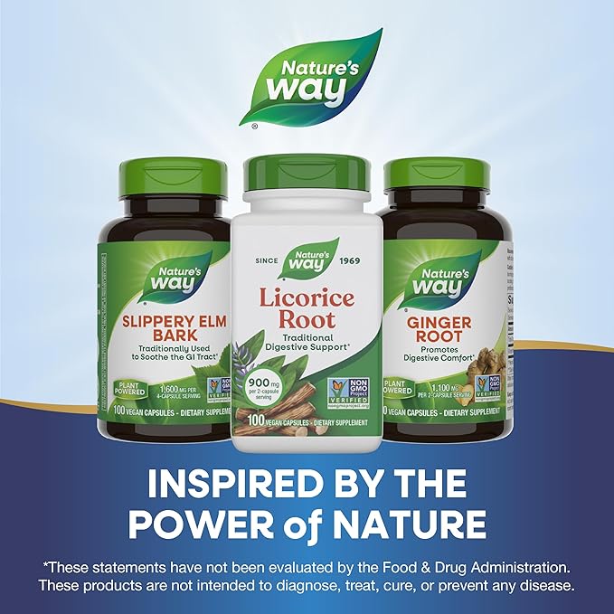 Nature's Way Licorice Root, Traditional Digestive Support Supplement*, 900 mg per 2-Capsule Serving, Non-GMO Project Verified, 100 Vegan Capsules (Packaging May Vary)