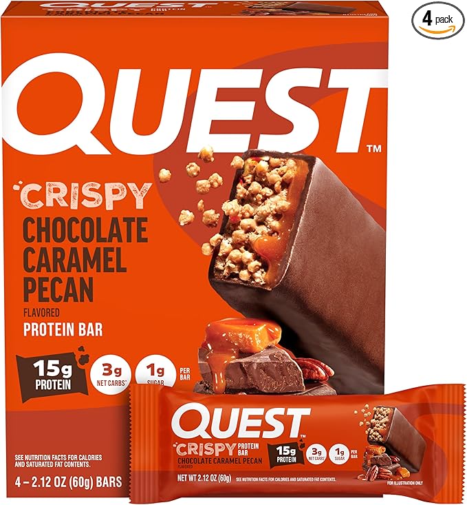 Quest Nutrition Crispy Chocolate Caramel Pecan Hero Protein Bar, 15g Protein, 1g Sugar, 3g Net Carb, Gluten Free Protein Snack, Keto Friendly, 4 Count