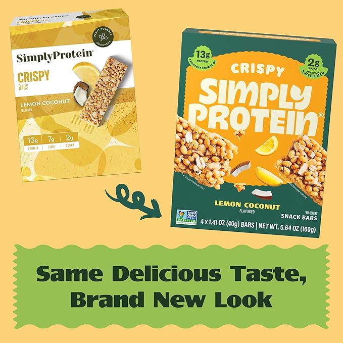 Simply Protein - Lemon Coconut Crispy Bars - Plant Based Protein Bars - Low Carb, Low Sugar, High Fiber - 13g Protein, 2g Sugar, 7g Fiber - Vegan, Gluten Free, Non GMO, Kosher - 8 Bars