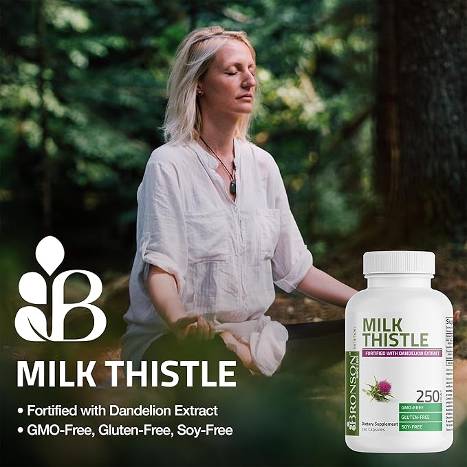 Bronson Milk Thistle Silymarin Marianum & Dandelion Extract Liver Health Support, Antioxidant Support, Detox, 250 Capsules