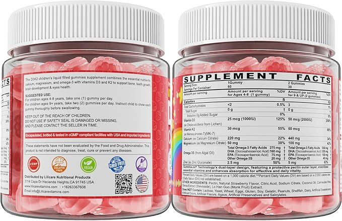 Vitamin D3 K2 + Calcium Liquid-filled Gummies for Kids & Teens, 1000IU / 2000IU D3 with Magnesium, Algal Omega 3, Kids Vitamins for Bones & Teeth, Calcium Absorption, Brain, Immune, Sugar-Free, 2Pack