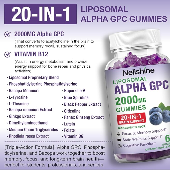 2 Pack Liposomal Alpha GPC 2000mg & Citicoline Gummies Complex Phosphatidylserine,Ginkgo Biloba,L-Tyrosine,Huperzine A & B Vitamins,20-in-1 Blend for Focus, Memory & Cognitive Support