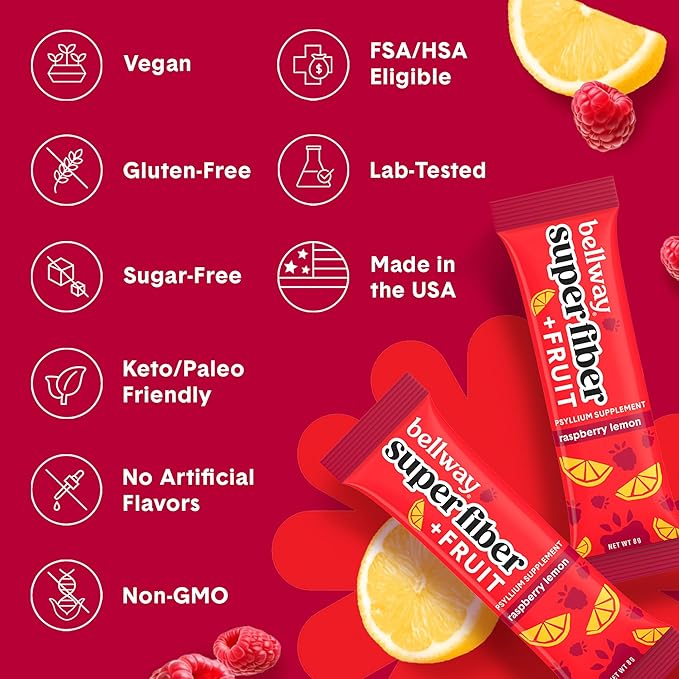 Bellway Super Fiber Packets + Fruit, Sugar Free Organic Psyllium Husk Powder Fiber Supplement to Go for Regularity, Bloating Relief & Digestive Health, Plant-Based, Raspberry Lemon (20 Packets)