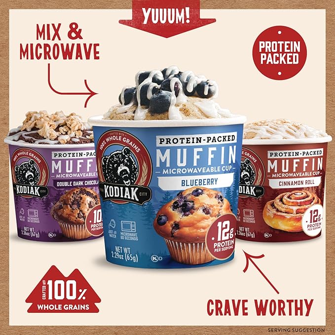 Kodiak Cakes Minute Muffin Cup Variety Pack - 100% Whole Grains, Double Dark Chocolate, Blueberry & Cinnamon Roll, 2.36 oz (Pack of 12)