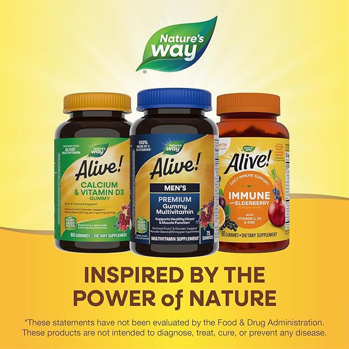 Nature's Way Alive! Men's Premium Gummy Multivitamin, Supports Healthy Heart, Muscle Function*, Full B-Vitamin Complex, Orange, Grape, Cherry Flavored, 75 Gummies (Packaging May Vary)