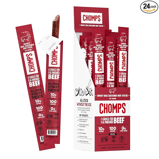 Chomps Grass-Fed and Finished Smoky BBQ Seasoned Beef Jerky Snack Sticks 24-Pack - Keto, Paleo, Whole30, 10g Lean Meat Protein, Gluten-Free, Zero Sugar Food, Non-GMO