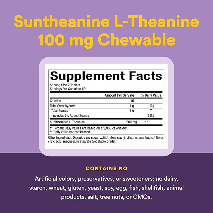 Natural Factors Suntheanine L-Theanine 100 mg - Health Supplement for Calm Outlook - L-Theanine Supplement Supports Relaxing Sleep & Aids Against Drowsiness - 120 Chewable Tablets (60 Servings)
