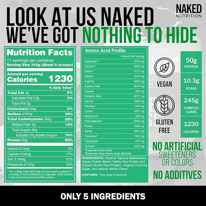 NAKED Vegan Mass - Vanilla Vegan Weight Gainer - 1,230 Calories, NSF Certified, Non-GMO, Soy & Gluten Free, No Artificial Ingredients - 8LB Bulk - 11 Servings