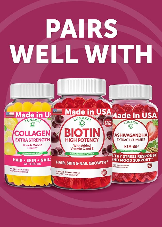 Lunakai USA Made Super Hair Gummies with Biotin, Zinc, Horsetail Extract & Saw Palmetto - Hair Growth Vitamins for Women & Men – Supports Thicker, Longer, Stronger Tresses, Skin & Nails - 6 Pack