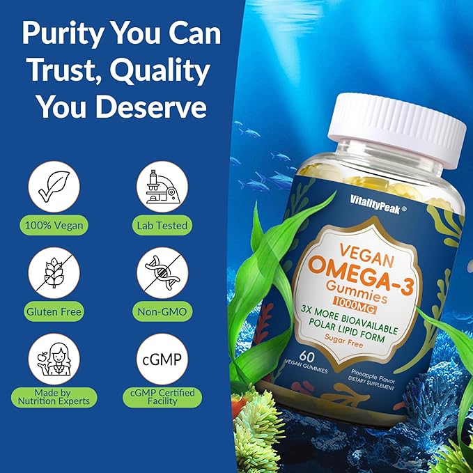 Vegan Omega 3 Gummies 1000mg - Algae Omega 3 Supplement for Women & Men with CoQ10, Vitamin D3, K2 & Turmeric - Fish Oil Alternative for Adults with DHA EPA for Brain, Eye- Sugar Free, 120 Count