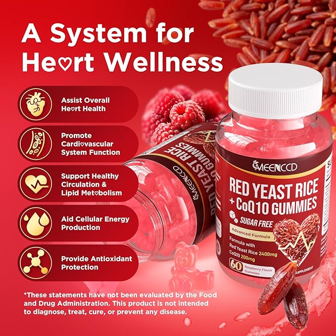 MEENCCD 2 Pack Red Yeast Rice with CoQ10 Gummies, Red Yeast Rice Supplement with Coenzyme Q10 for Overall Well-Being, Sugar Free, Vegan, Raspberry Flavor, 120 Count