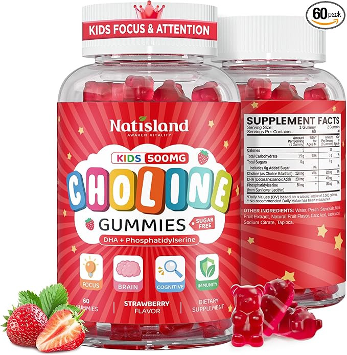 Choline Gummies for Kids & Adults, Choline Supplements 500mg with DHA, Phosphatidylserine for Brain Health, Focus, Immune Support, Sugar-Free, Vegan, Strawberry Flavor, 60 Gummies