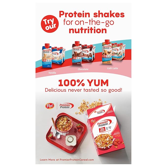 Premier Protein Chocolate Almond Cereal, Chocolatey Protein Cereal Flakes with Sliced Almonds, Contains 20g of Protein Per Serving, 9 OZ Box