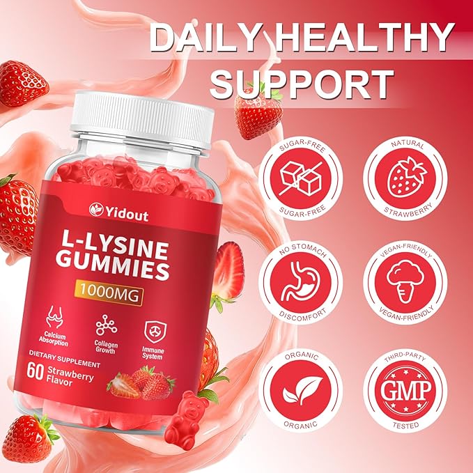 L-Lysine 1000mg Gummies for Immune Support & Skin Health -Chewable Lysine Supplement for Adults, Sugar-Free, Natural Strawberry Flavor, Gluten-Free (60 Count（Pack of 2）)