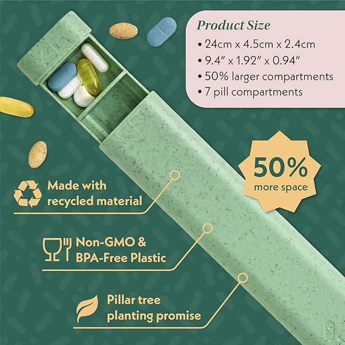 Pillar Plus - Aesthetic 7 XL Day Pill Organizer | BPA-Free Wheat Straw Medicine Case | Pretty Travel & Home Tablet Vitamin Organizer | Cute Weekly Pill Box | Travel Medicine Organizer (Sage Green)