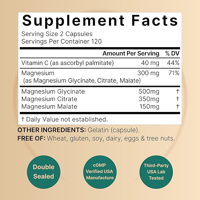 NatureBell Magnesium Complex for Women & Men 1,000mg Per Serving – 240 Capsules – Triple Magnesium Complex with Glycinate, Citrate & Malate – Chelated & Purified – Non‑GMO, Filler Free