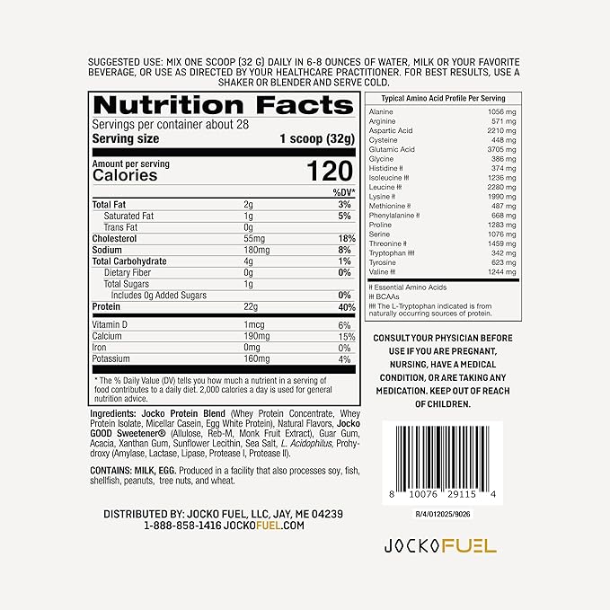 Jocko Fuel Whey Protein Powder, Vanilla Milkshake, 22g Protein, Digestive Enzymes + Probiotic Blend, No Sugar Added, with Essential Amino Acids + Electrolyte Minerals, 28 Servings