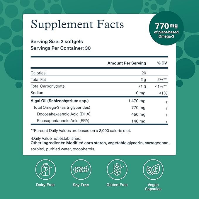 Youtheory Ocean-Friendly Omega - Algae Omega 3 Supplement with EPA & DHA - Supports Brain & Eye Health* - Plant-Based - for Pescatarian & Vegan Diets - 60 Softgels (30-Day Supply)