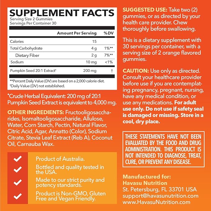 Pumpkin Seed Oil Gummies for Bladder and Urinary Tract Support - 200mg Pumpkin Seed Extract Per Serving - Vegan, Non-GMO, Gluten-Free - Sugar Free Pumpkin Seed Gummies - Orange Flavor, 30 Servings