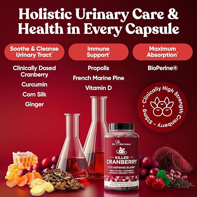 9-In-1 Killer Cranberry Pills for Women – UTI Defense Blend with Clinically Studied Ingredients – 9 Extract Urinary Tract Supplement – Pine Bark, Propolis, Vitamin D & More – 60 Fast-Acting Capsules