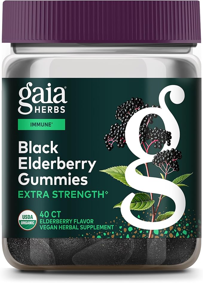 Gaia Herbs Black Elderberry (Sambucus nigra) Extra Strength Gummies - Delicious Immune Support Supplement* - Certified Organic Black Elderberries for Immune System Support* - 40 Gummies (20 Servings)