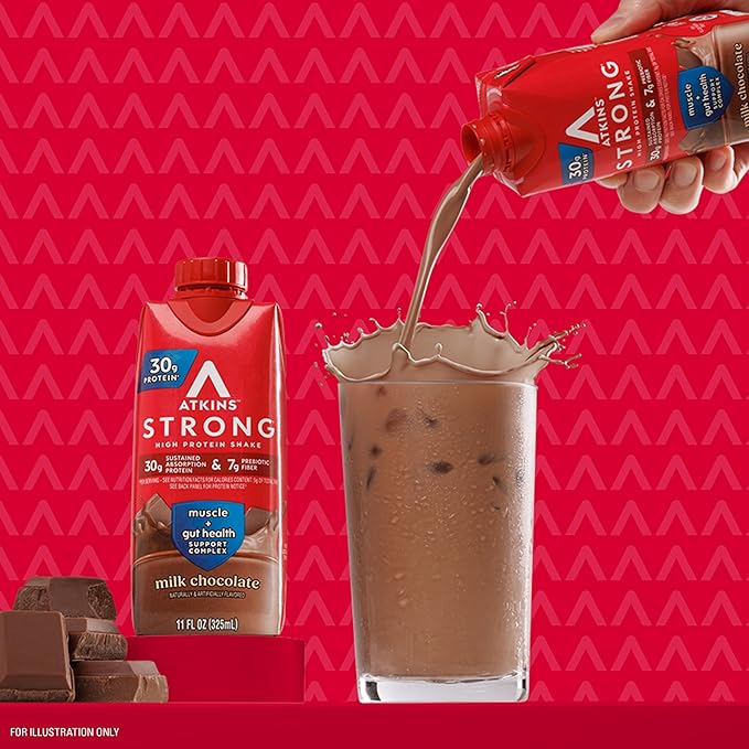 Atkins Strong High Protein Shake, Milk Chocolate, 30g Protein, 7g Prebiotic Fiber, Muscle & Gut Health Support Complex (Pack of 24)