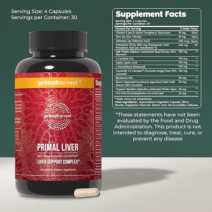 Primal Harvest Primal Liver Supplement with, Alpha-Lipoic Acid, L-Cysteine HCL, L-Glutathione, Milk Thistle, and Spirulina, for Men and Women (2 Pack (240 Capsules))