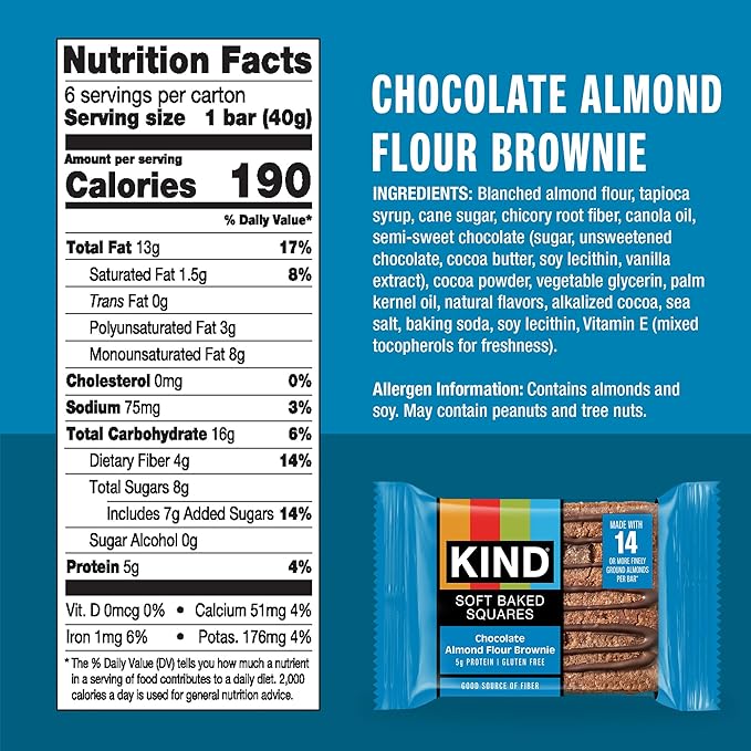 KIND Soft Baked Squares, Chocolate Almond Flour Brownie, Gluten Free, Healthy Snack Bars, 5g Protein, 6 Count