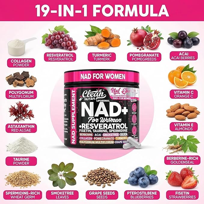 NAD+ Resveratrol Supplement for Women NAD Turmeric Vitamin C Acai Pomegranate Collagen Peptides Nicotinamide Riboside Fisetin Vitamin E Polygonum Multiflorum Berberine 90 Capsules by Clean Nutra