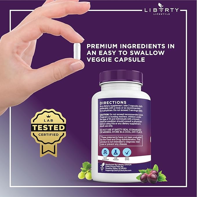 Liberty Lifestyle Resveratrol, Berberine, Grape Seed Extract, Quercetin, Polyphenol Supplement for Women and Men with Noni Extract, N-Acetyl Cysteine, Acai Extract (60 Count)