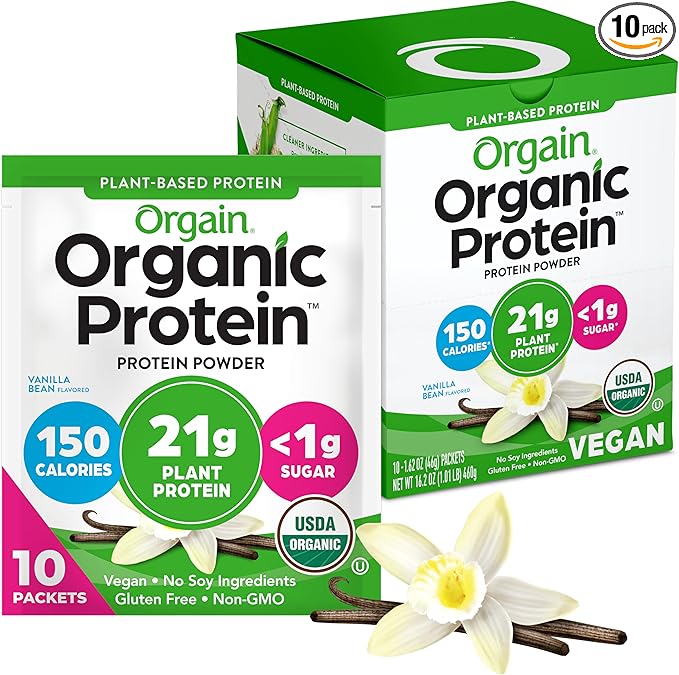 Orgain Organic Vegan Protein Powder, Vanilla Bean - 21g Plant Protein, 5g Prebiotic Fiber, Low Carb, No Lactose Ingredients, No Added Sugar, Non-GMO, 10 Single Serve Individual Packets