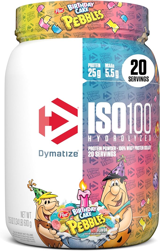 Dymatize x Birthday Cake Pebbles ISO100 Whey Protein Powder Isolate, 25g of Protein, 20 Servings, 5.5g BCAAs, 120 Cal., Gluten Free, 1g Fat, 1g Sugar, 2g Carb
