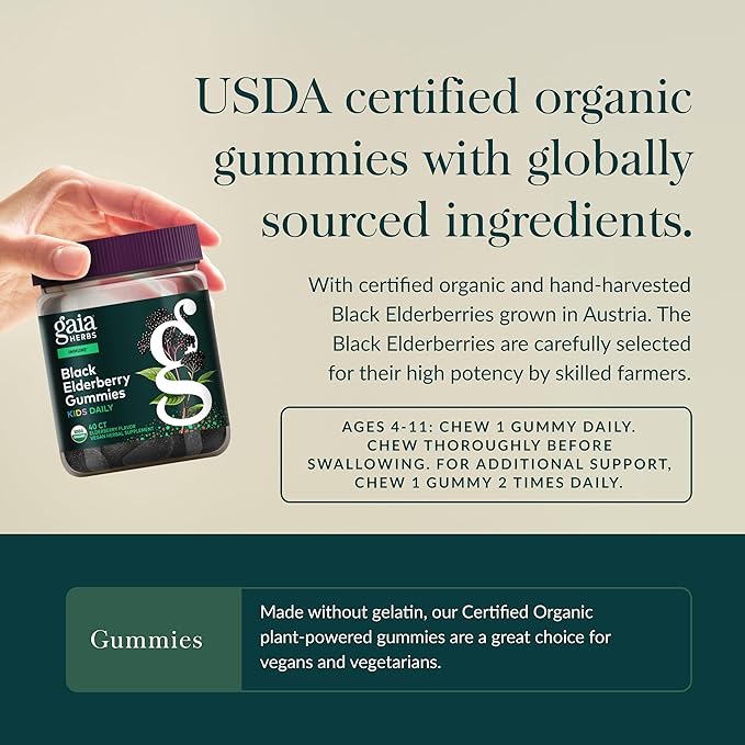 Gaia Herbs Black Elderberry Daily Gummies for Kids - Delicious Immune Support Supplement - Certified Organic Black Elderberries for Immune System Support* - 40 Vegan Gummies (40 Servings)