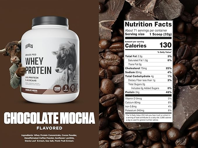 Levels Grass Fed Whey Protein Powder, No Artificials, 24G of Protein, Chocolate Mocha, 5LB